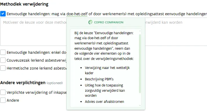 Een pop-up van Copro Companion in het OVAM-portaal, met de vier elementen die een deskundige moet vermelden na de keuze van een verwijderingsmethode.