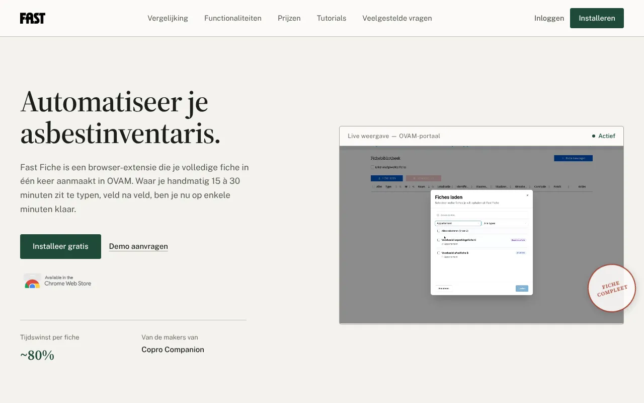 De homepage van Fast Fiche, met de extensie die fiches laadt in het OVAM-portaal.